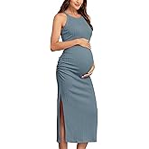 AISWI 2025 Ribbed Summer Maternity Bodycon Dress Sleeveless Halter Neck Ruched Slit Pregnancy Long Dress Baby Shower Casual