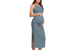 AISWI 2025 Ribbed Summer Maternity Bodycon Dress Sleeveless Halter Neck Ruched Slit Pregnancy Long Dress Baby Shower Casual