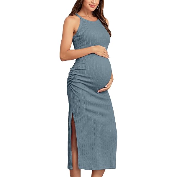 Ekouaer Women Tank Maternity Dress Sleeveless Ribbed Knit Pregnancy Dresses  Round Neck Pregnant Loungewear Khaki M at Amazon Women's Clothing store