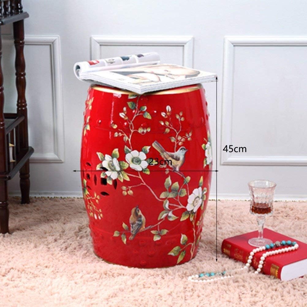 YZjk Shoe Stool Hand-Painted Flowers and Birds Chinese Stools Ceramic Drum Stool Dressing-Benches Round Mound Stool(32x45cm) (Color : Red)