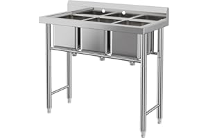 EASTVITA 3 Compartment Stainless Steel Bar Sink, Commercial Grade Utility Basin, Free Standing Restaurant Sink Station with Adjustable Bullet Feet&High Backsplash, 11"Lx10"Wx10"H Laundry Tub Culinary Sink