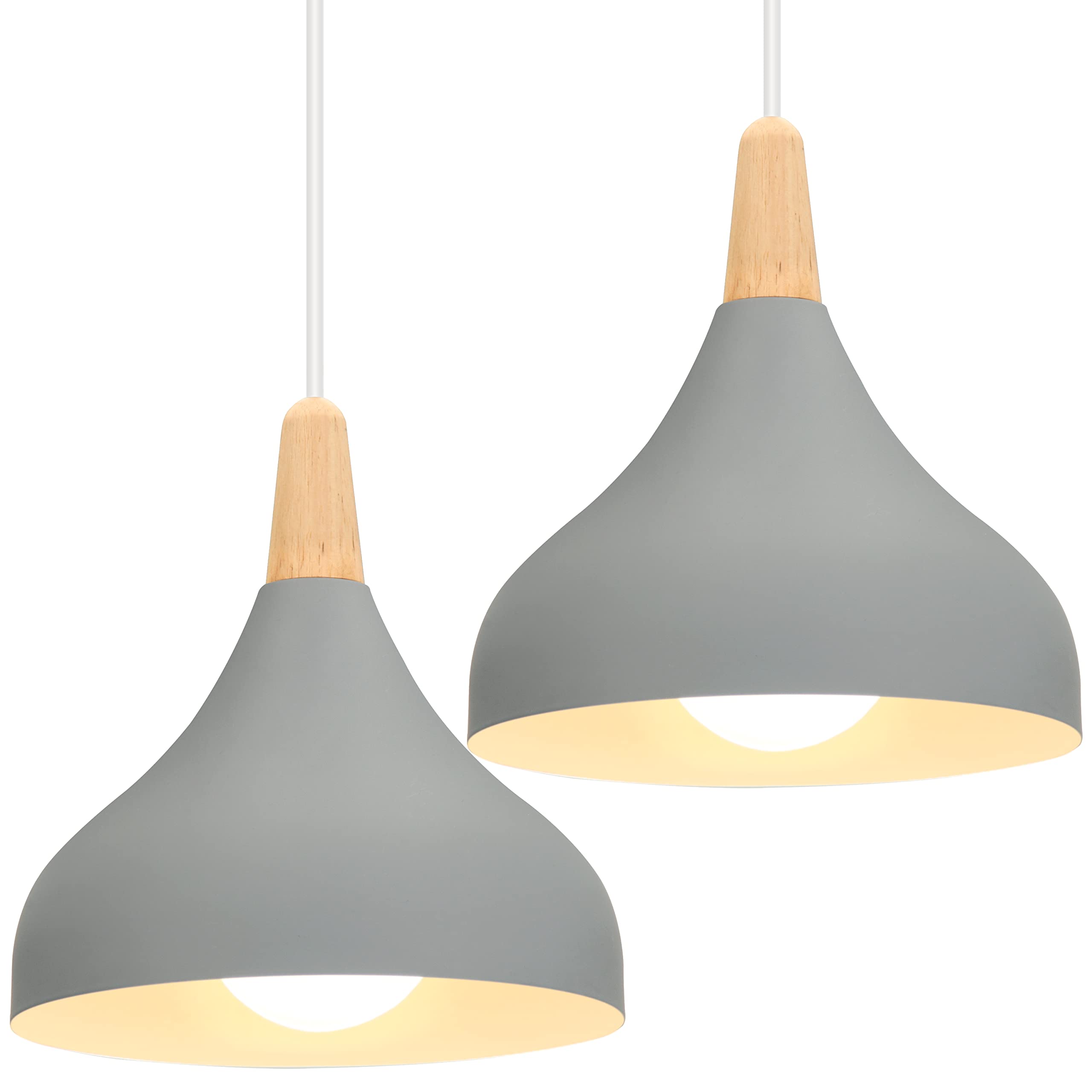 iDEGU Set of 2 Retro Pendant Ceiling Lights Modern Drop Style Hat Lampshade E27 Ceiling Light Retro Light Fixture in Metal Wood Pendant Lamp for Bedroom, Dining Room, Kitchen, Φ 20 cm (Grey) — image 1