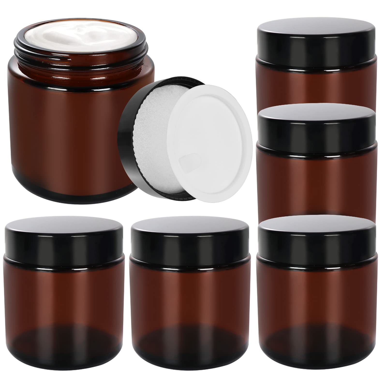 SHiZAK 120ml 4 oz Amber Round Glass Jars with Black Lids and White Inner Liners Great Perfect for Cosmetics and Face Cream Lotion and Personal Care Products and More (Pack of 6)