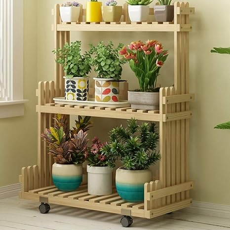 Amazon Co Jp フラワー スタンド 木製 盆栽棚 床置き ガーデニング 車輪付き 車輪なし プランターラック 3層 植物 スタンド 園芸 ラック 花台 ベランダ 屋外 室内 ガーデニング 棚 色 Wood サイズ 80x39x100cm ホーム キッチン