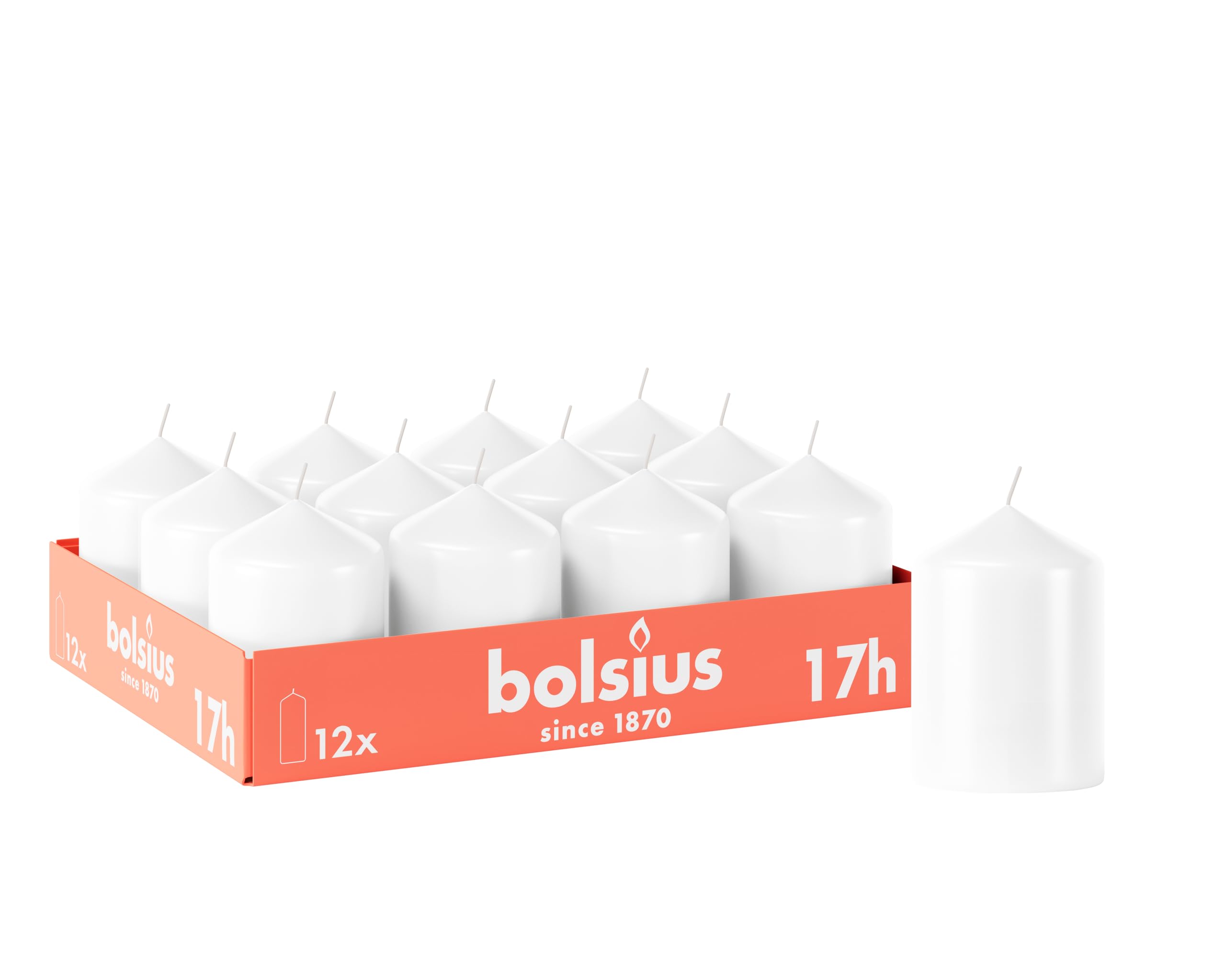 Bolsius Smooth Pillar Candles - White - Pack of 12-8 x 6 cm - Decorative Household Candles - Burn Time 17 Hours - Unscented - Contains Natural Plant Wax - Without Palm Oil