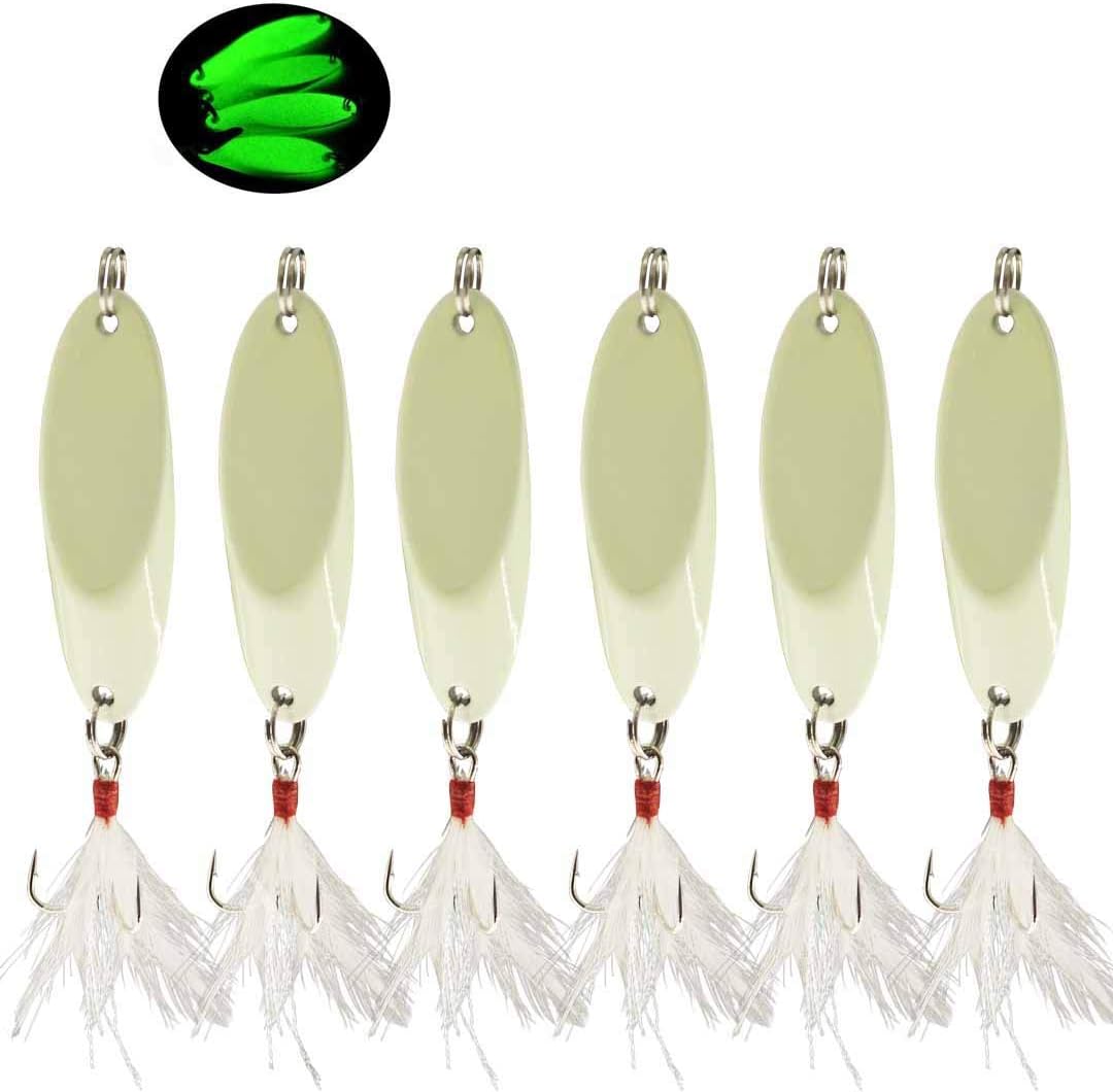 Luminous Fishing Spoon Lures,6/12pcs Metal Spoon Trout Lures Casting Trolling Spoons Treble Feather Hooks Spinner Bait for Bass Salmon Saltwater Freshwater 1/5oz-1oz