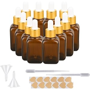 AGZHTYJQ 12 Pack 30ml 1oz Amber Square Glass Dropper Bottles, Leakproof Empty Tincture Vials with Golden Caps, Funnels and La