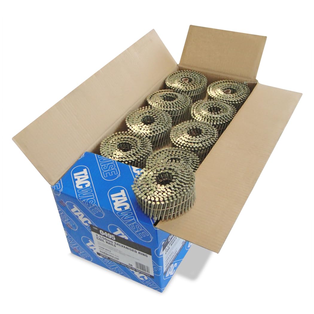 Tacwise 0495 Galvanised Flat Top Coil Nails Type 2.1 x 50 mm, Diamond Point, Ring Shank, 16° Inclined, Wire Collated, Pack of 14,400