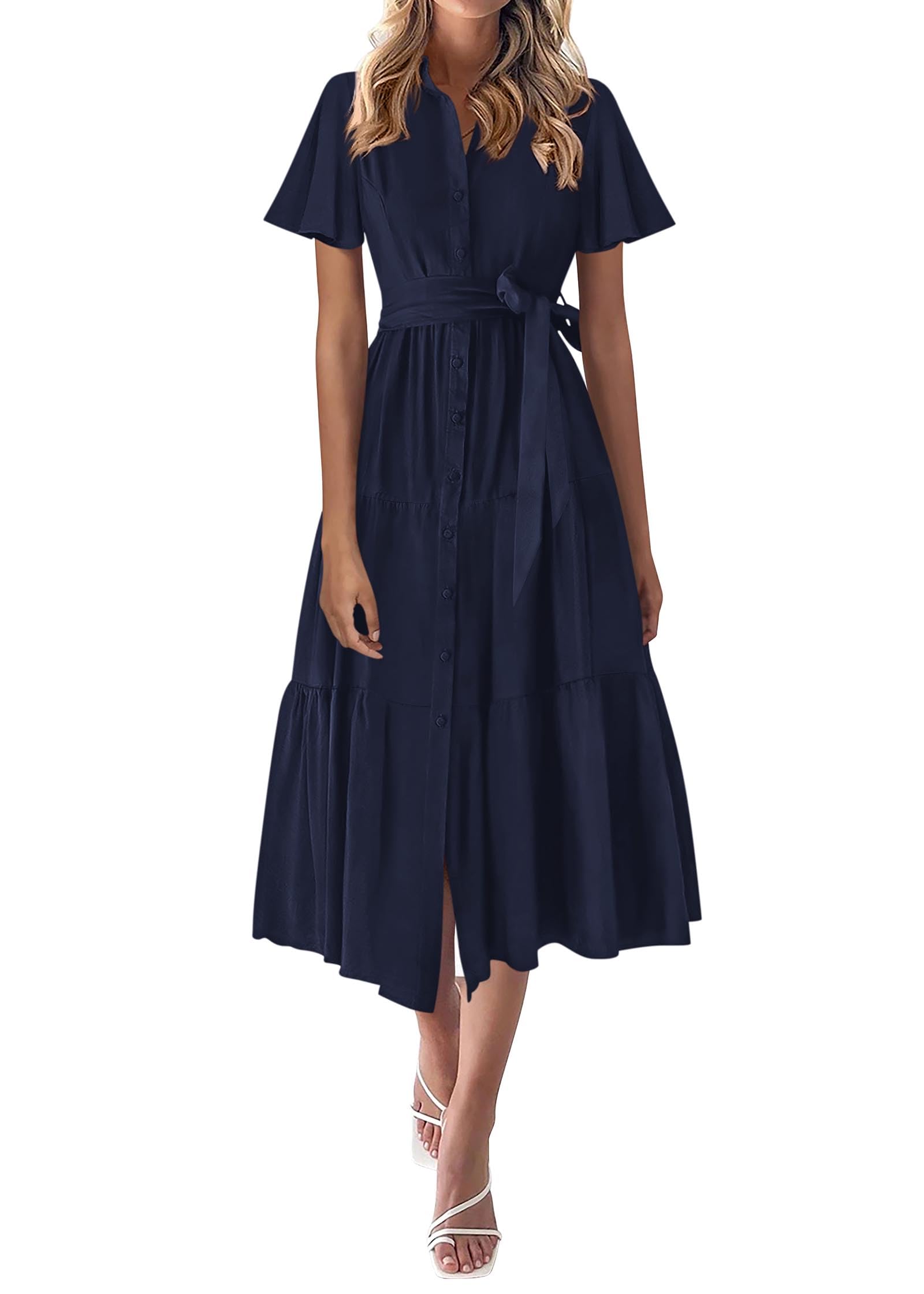 Photo 1 of ***MISSING TIE***KIRUNDO Summer Button Down Wedding Guest Shirt Dresses for Women Maxi Flutter Short Sleeve Flowy Tiered Beach Sun Dress(Navy, Large)