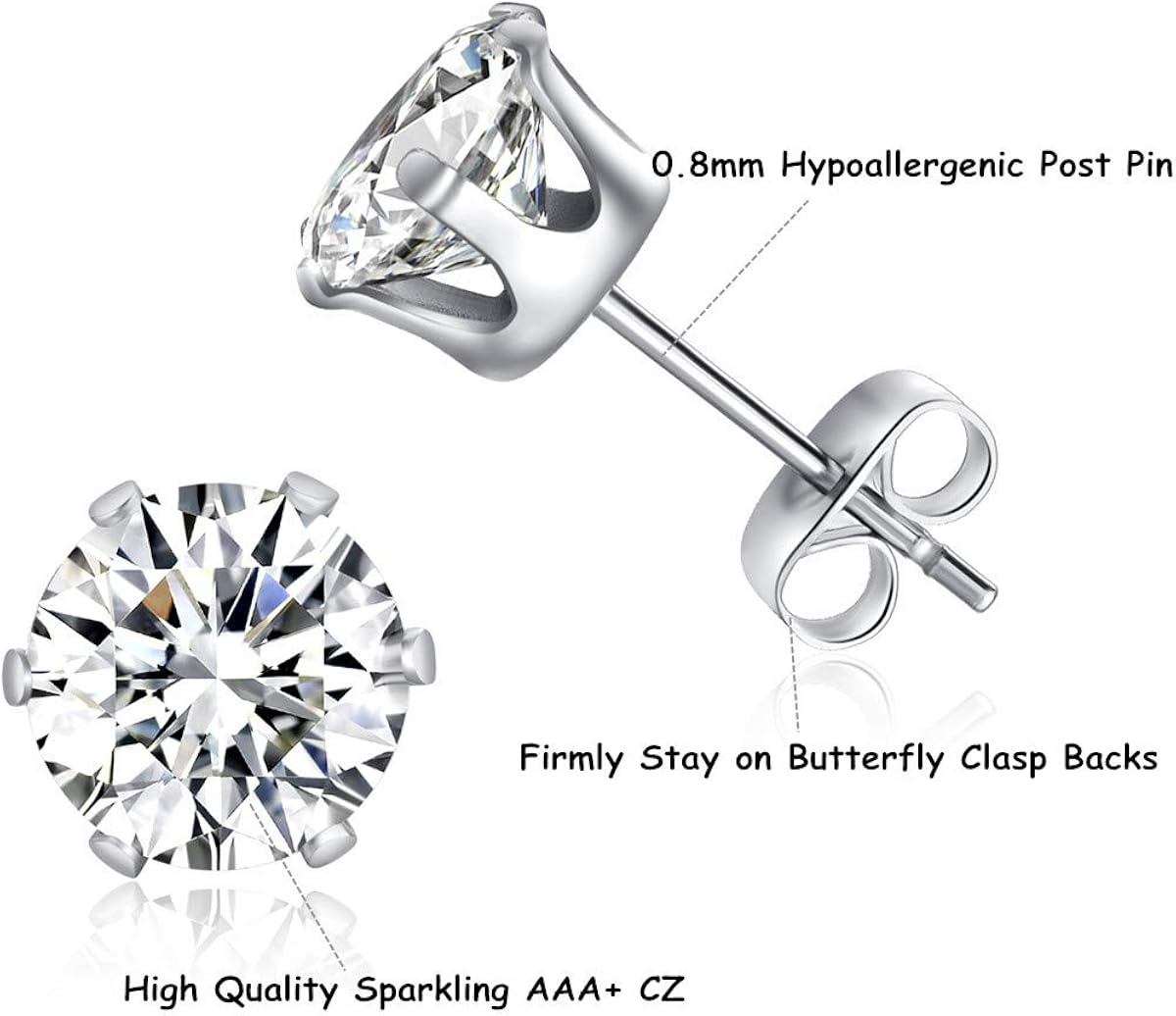 FOSIR 6 works CZ Stud Earrings Set, Men Women Stainless Steel Cubic Zirconia Earrings, 3-8mm - Image 3