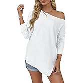 Tankaneo Womens Off The Shoulder Tops Casual Long Sleeve T Shirts Irregular Hem Split Tunics Loose Fall Blouse Shirt