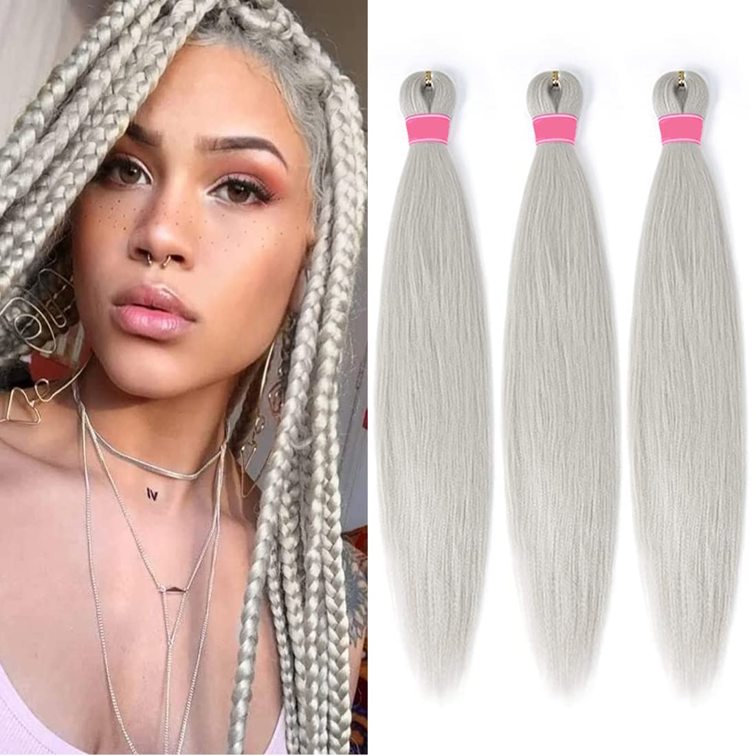 Pre-Stretched Braiding Hair Easy Braid Professional Itch- Synthetic Fibre Crochet Braids Yaki Texture Hair Extensions 6 Packs Braid Hair (26 Inch(Pack of 3), Sliver)