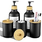 VITVITI 5PCS Bathtoom Accessories Set, Matte Black Mouthwash Soap Dispenser, Toothbrush/Cotton Swab Holder, Plastic Bamboo Accessory Set Decor with Lid