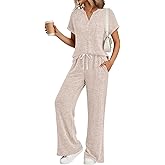 Trendy Queen 2 Piece Lounge Sets for Women Summer 2026 Henley Sweatsuit Travel Vacation Airport Outfits Pajamas Sets