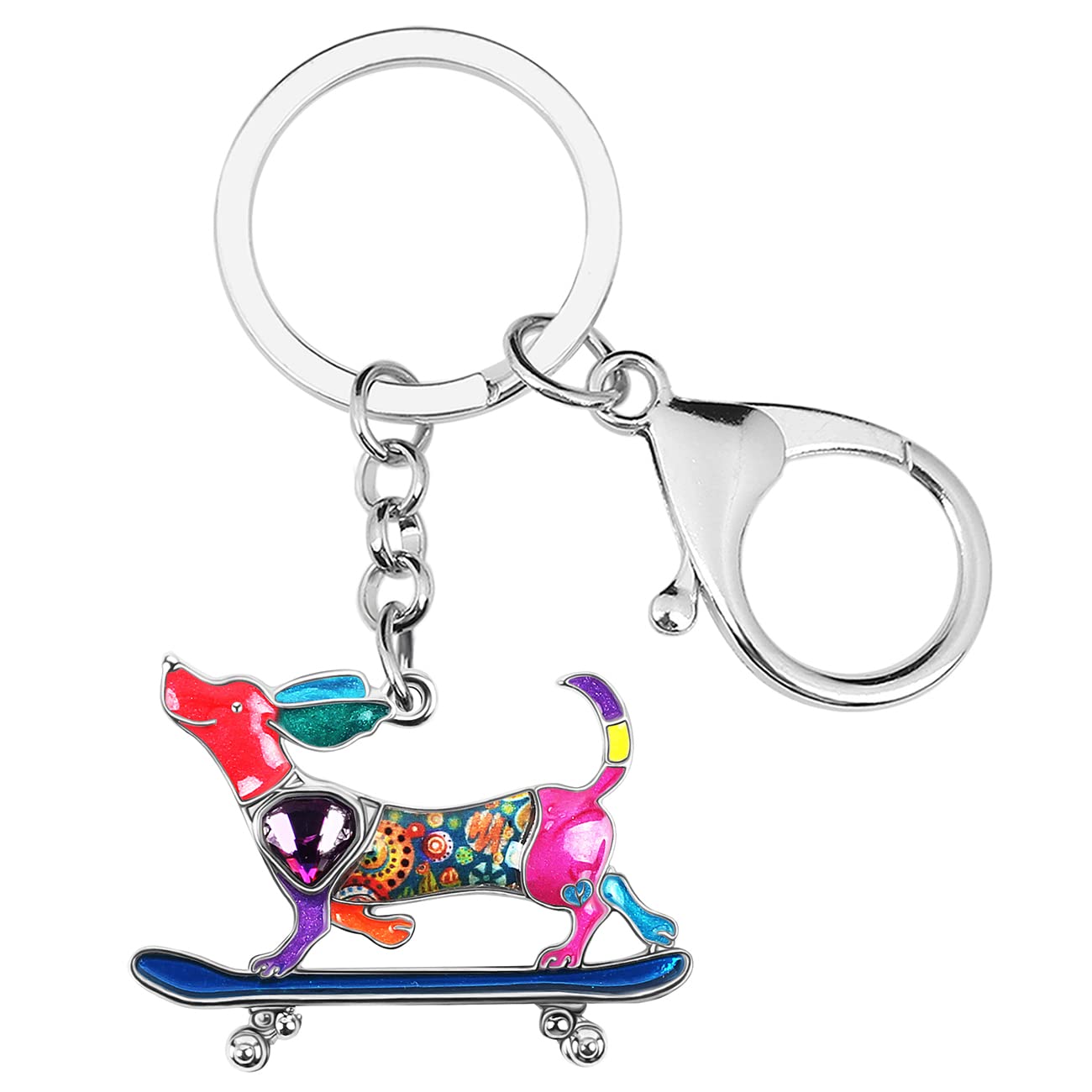 Enamel Alloy Rhinestone Skateboard Dachshund Dog Keychain Jewelry For Women Girls Bag Wallet Charm (Multicolor)
