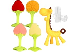 Fu Store Baby Teething Toys (7 Pack) for Newborn BPA Free Infant Toddler Silicone Fruit Giraffe Teethers Finger Toothbrush Strawberry Orange Peach Pear Soothe Babies Gums Set with Storage Case