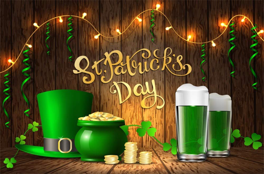 Haosphoto St.Patrick's Day Backdrop 7X5FT Vinyl Lucky Irish Shamrock Backdrops Pot of Gold Leprechauns' Hat Golden Coins Wood Plank Green Beer Photography Background for Photo Studio Props QB211