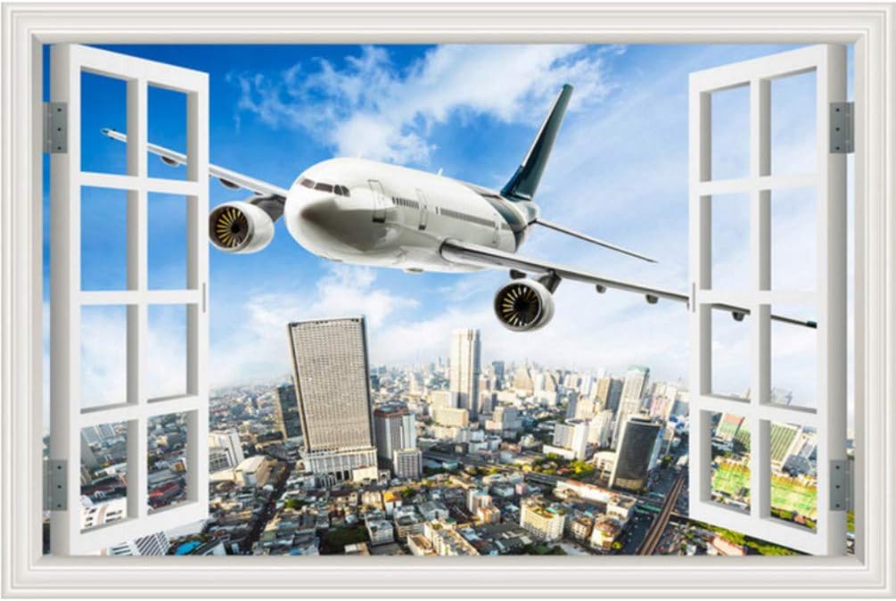 Mddjj 3D Wall Sticker Landscape Wallpaper Airplane Decal Vinyl Wall Art Mural Large Window View Blue Sky Home Decor Living Room DIY Kids Rooms Baby Wall 60X90Cm 24X36Inch