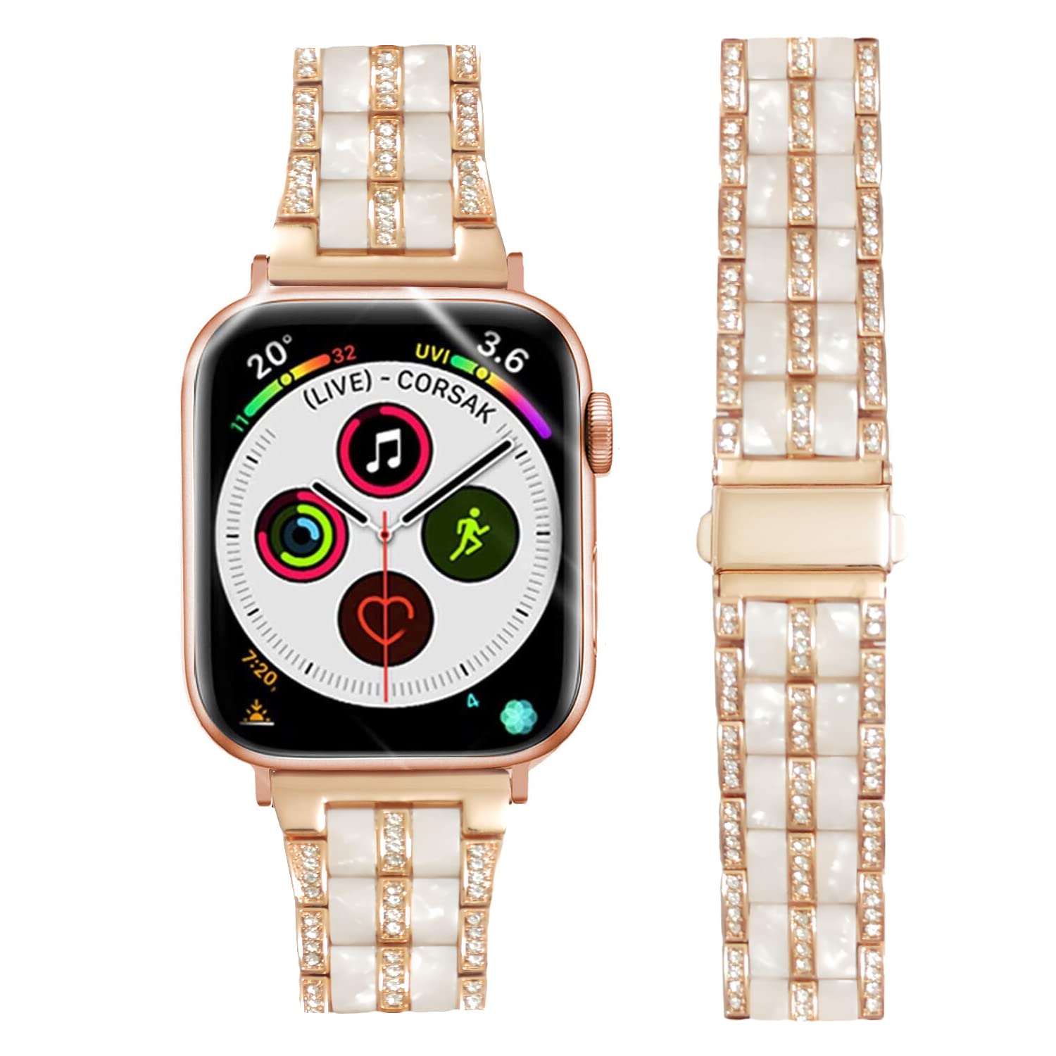 DEALELE Strap Compatible with iWatch 38mm 40mm 41mm, Luxury Resin Rhinestone Metal Replacement Bands for Apple Watch Series 9/8 / 7/6 / 5/4 / 3 / SE/Ultra Women Men (Rose-White)
