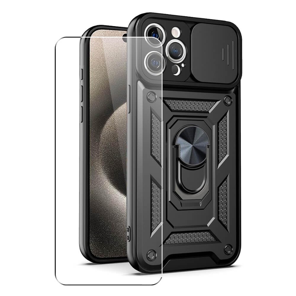 SDTEK Case Compatible with iPhone 15 Pro Max, Phone Cover with Camera Lens Protection, Stand, Magnetic Ring Holder and Glass Screen Protector (Black)