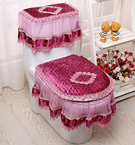 European Style Plush Bathroom Toilet Decor 3-piece Tank Cover, Toilet Seat Cover Set Zippered Toilet Seat Cover Set (rose)