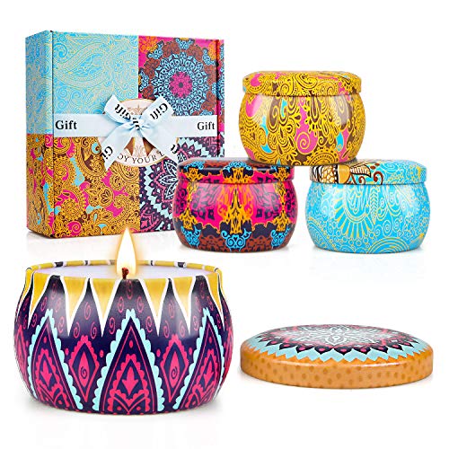 Yinuo Light Scented Candles Gift Set, 100% Nature Soy Wax Portable Travel Tin Candles, Christmas,Birthday Ideas Gifts for Women, Aromatherapy Candles for Stress Relief and Relaxation 4 x 4.4 Oz
