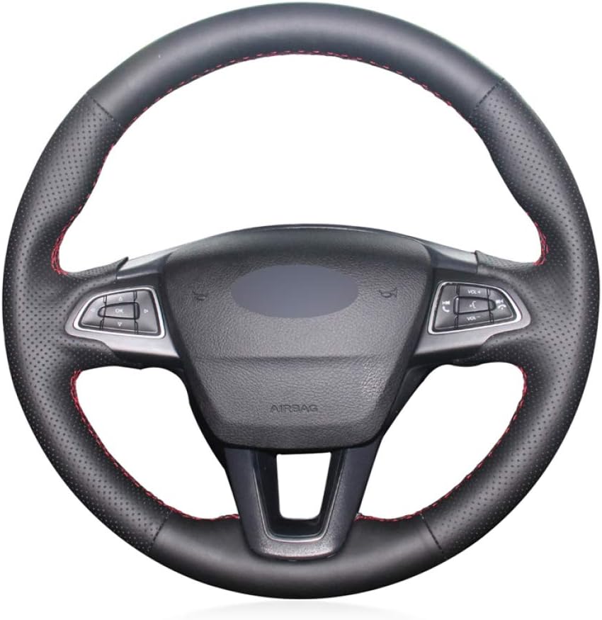 CFHMLK Black Leather Steering Wheel Cover for Ford Focus 3 2015-2018 Kuga 2016-2019 Escape C-MAX Ecosport 2018-2019-Green Thread