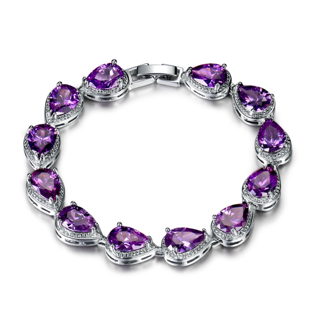 GULICX Women Teardrop Tennis Bracelet Chain Purple Amethyst Color Cubic Zirconia CZ Silver Tone