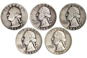 GENERIC 1932 to 1964 PDS Set of 5-90% Silver Washington Quarters - $1.25 Face - All Different Dates 1/4 US Mint VG or Better