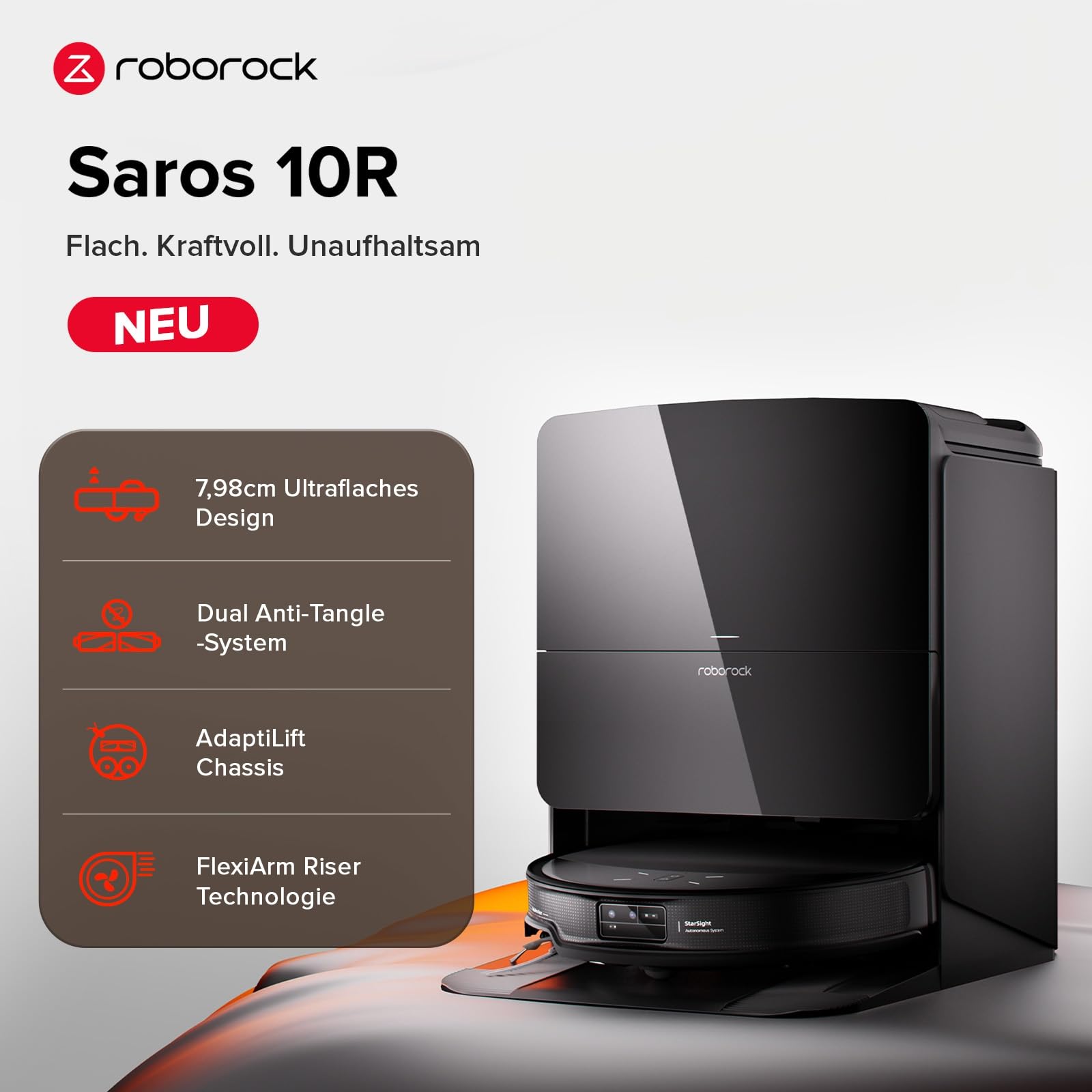 roborock Saros 10R Saugroboter mit Wischfunktion&angebbarem Wischmopp, 22,000 Pa, 7,98cm Ultra-Slim Design, StarSight System 2.0, Zero-Tangle System 2