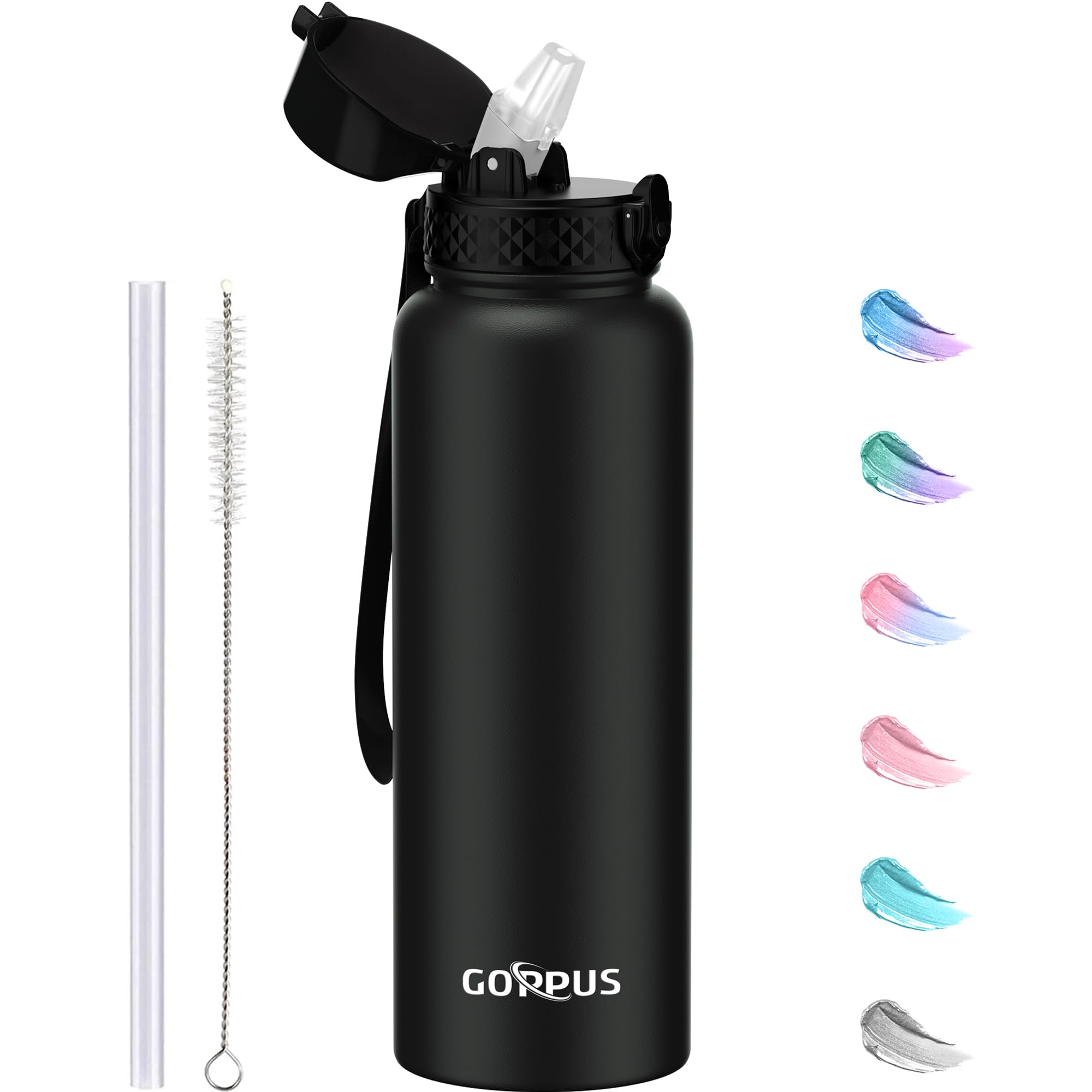GOPPUS 1.2L/40oz Stainless Water Bottle with Straw Double Wall Insulated Bottles with Strap Large Vacuum Thermal Flask Leakproof Keep Cold Drinks Bottles with Flip Top Lid for Men Women BPA Free