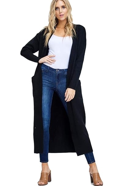 Alis Black Long Duster Floor Length Cardigan Pockets Soft