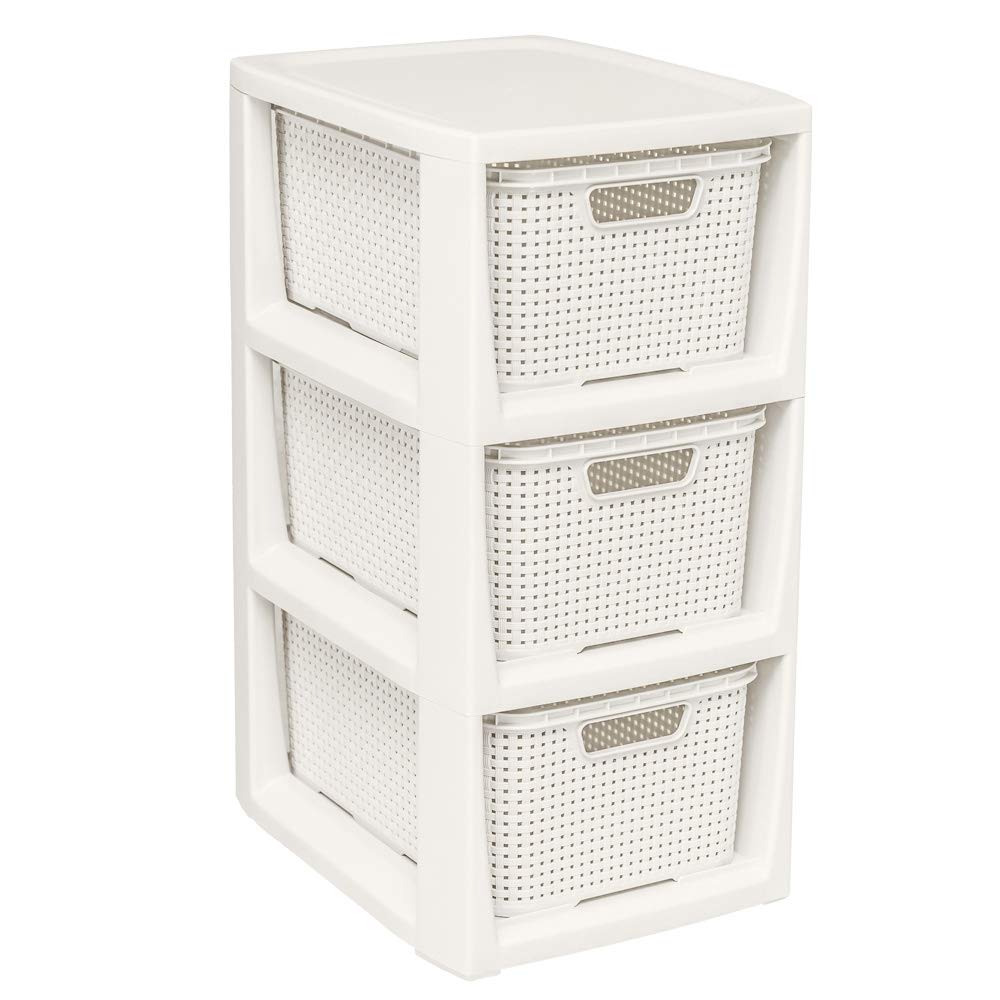 BranQ - Home essential, Rattan Design BPA Free Plastic 3 Drawer Storage Unit, Ideal for Home Office, Bedroom and Bathroom Storage, 29.5 x 24 x 48.7 cm (LxWxH) - Cream