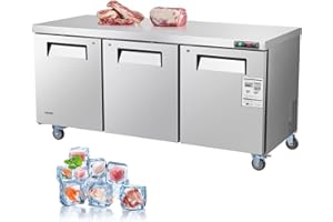 VEVOR 72" W Commercial Freezer, 17.7 Cu.Ft Worktop Freezers Undercounter with LED Auto Lighting and Lockable Door, 3 Doors Food Freezing Prep Worktable, Stainless Steel Prep Frozen Table with Casters