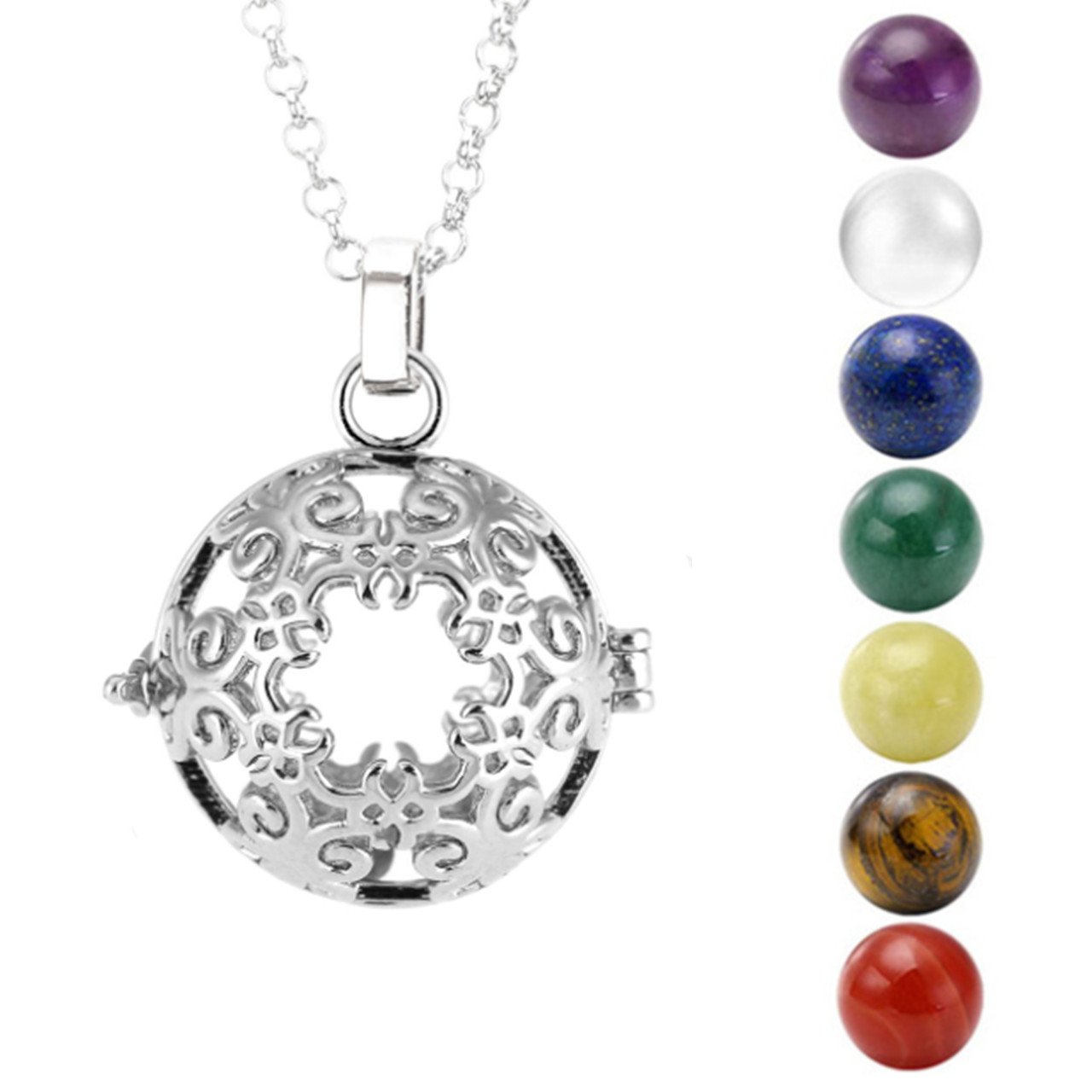QGEM Bijoux Ensemble Pierre Chakra Collier de Pendentif Médaillon Locket Ouvert Fleurs Creux avec 7pcs Boules + Bracelet
