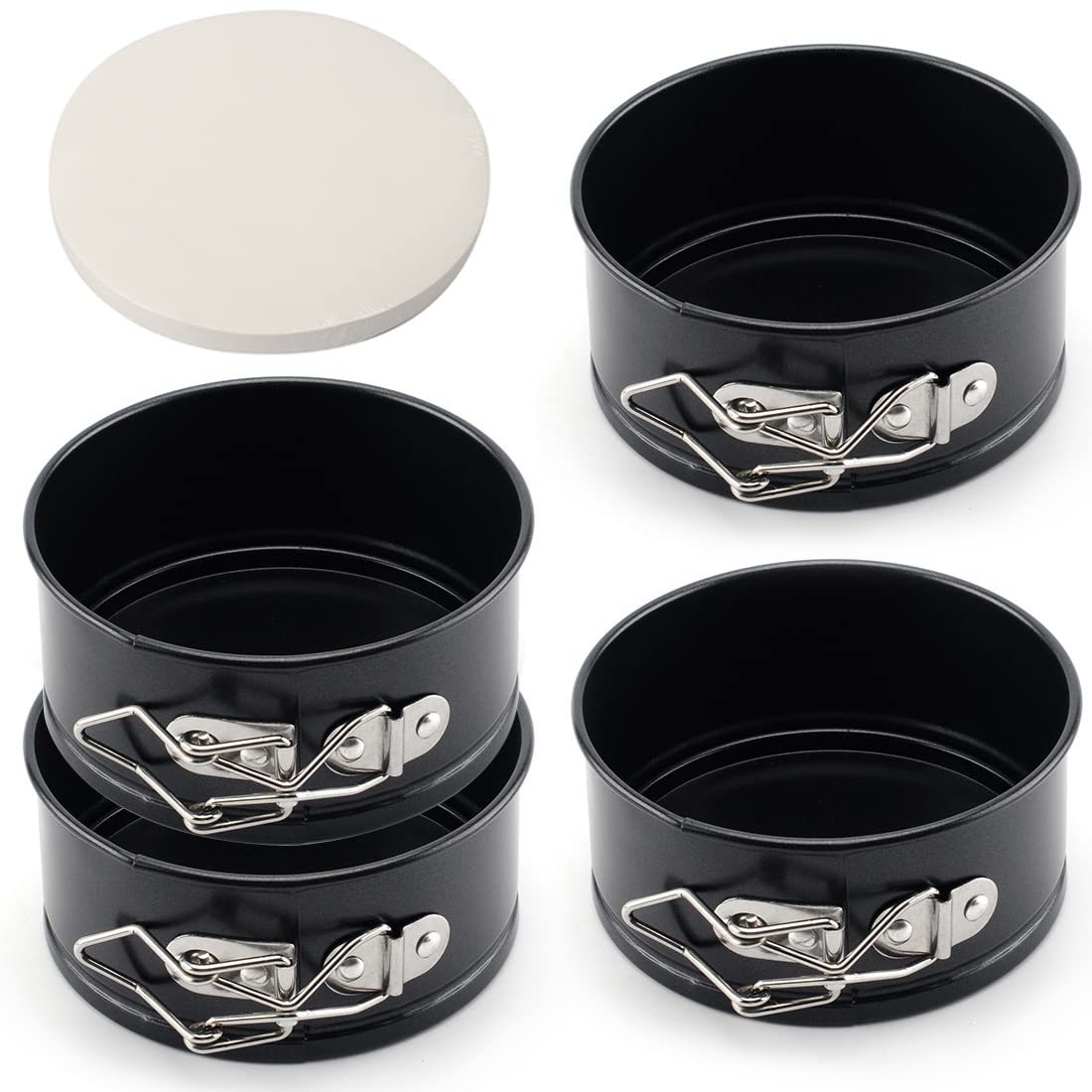 Photo 1 of Tellshun 4 Pack Small Springform Cheesecakes Pan Tins Set 4 Inch Mini Baking Mold 4 Pieces Round Leakproof Nonstick Removable Bottom Bakeware for Pie Pizzas and Quiches Includes 50Pcs Parchment Paper