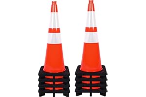 STRLON Traffic Cones 28 inch PVC Orange 8 Pack Heavy Duty Black Base Construction with Reflective Collars Fit Parking Lot,Driveway Road Traffic Control Safety Cones