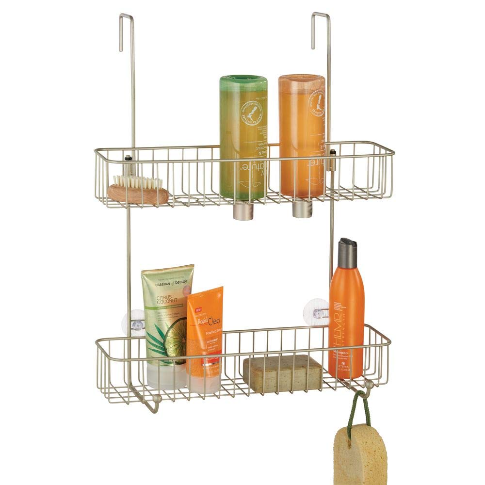 mDesign Extra Wide Metal Wire Over The Bathroom Shower Door Caddy, Hanging Storage Organizer Center with Built-in Hooks and Baskets on 2 Levels for Shampoo, Body Wash, Loofahs - Satin