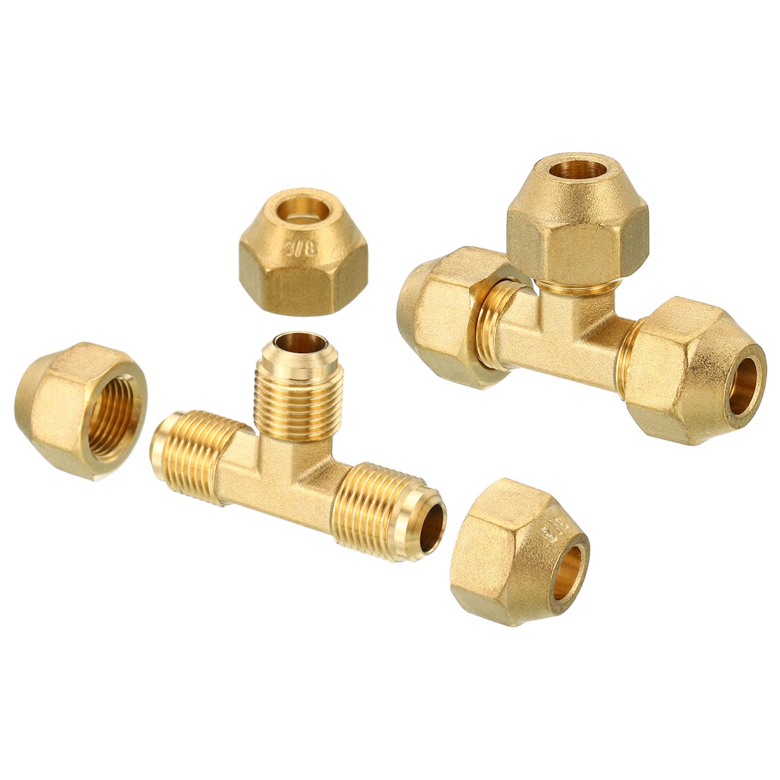 PATIKIL 3/8" x 3/8" x 3/8" Brass Pipe Fitting, 2 Pack Flare Tee Tube Fitting Pipe Adapter Connector with Nut for Air Conditioner Refrigeration Plumbing