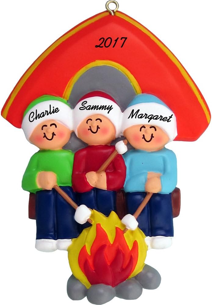 Camping Family Personalized Christmas Ornament (Family of 3) - Handpainted Resin - 4" Tall - Free Customization by Calliope Designs
