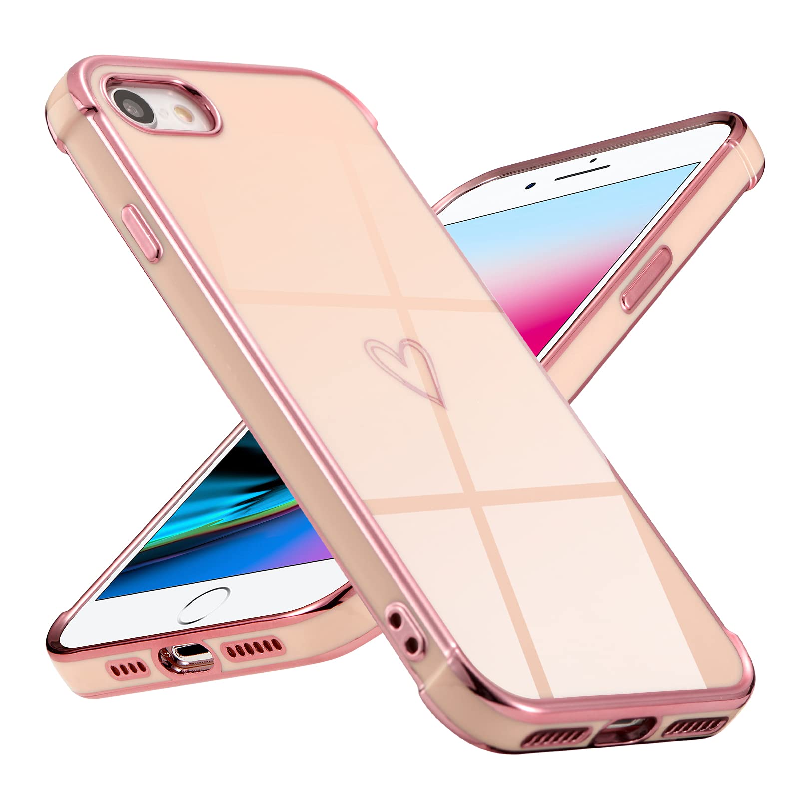 DEFBSC Case for iPhone 7 Plus iPhone 8 Plus, Fashion Cute Love Heart Shape Plating Edge Silicone Case Shockproof Soft TPU Back Cover Protective Case with Heart Pattern - Pink