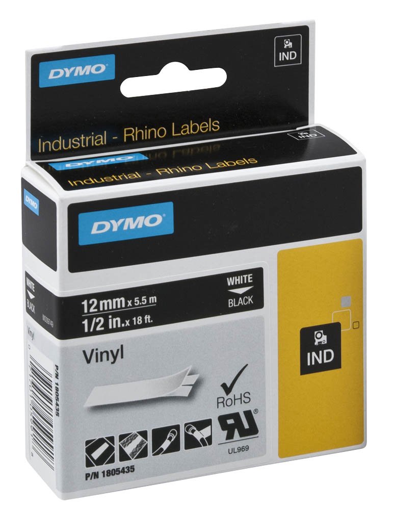 Dymo Label Tape Rhino 1805435/12 mm/Pressure White/Tape Black/for Dymo