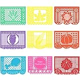 Amosfun Beautiful Papel Picado Banner Multi-Colored Thanksgiving Banners for Fiesta Party Birthday Family Celebrations, Pack of 9