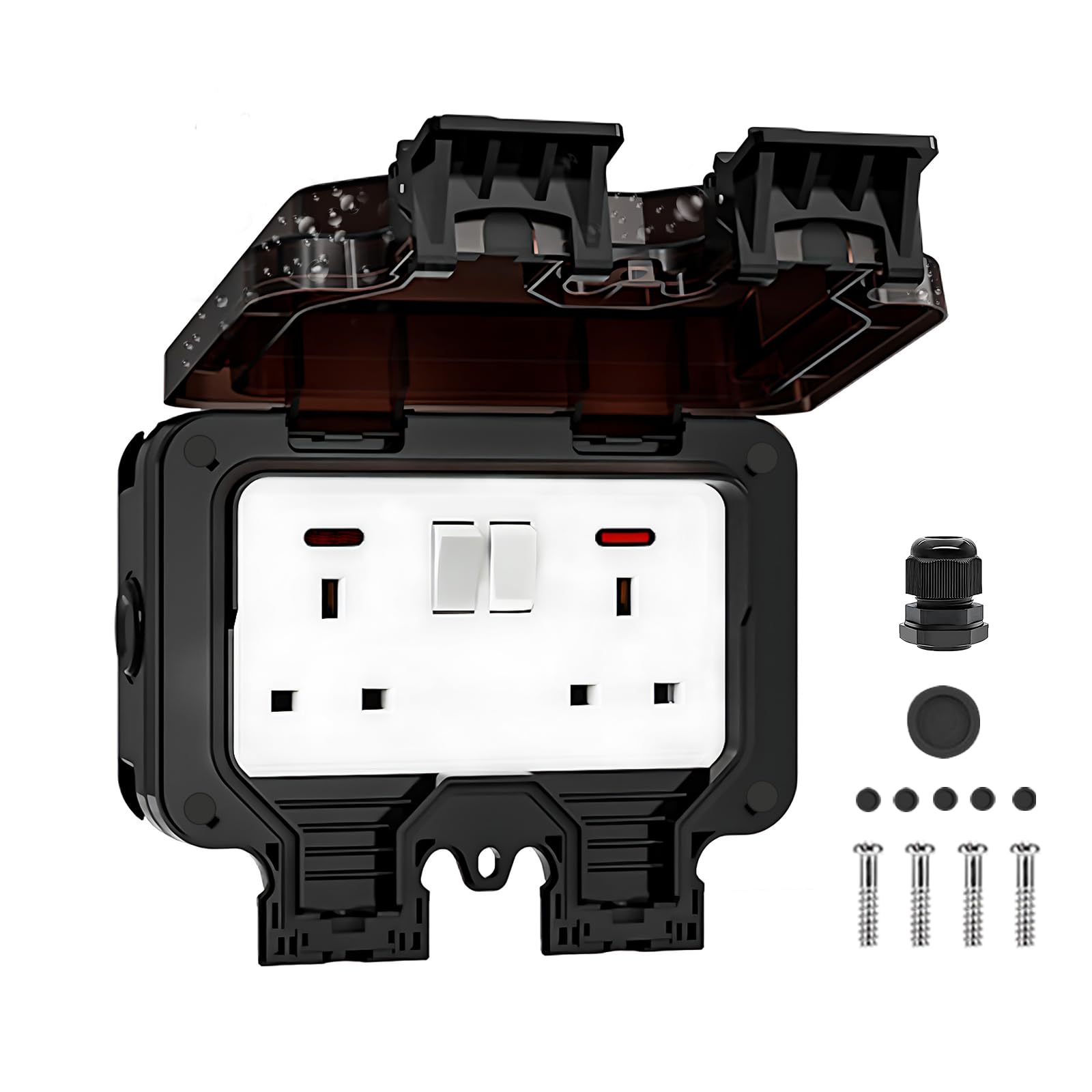 FOVNOT Outdoor Sockets Waterproof Double Socket, Weatherproof IP66 Wall Electrical Outlet 13A Double Socket