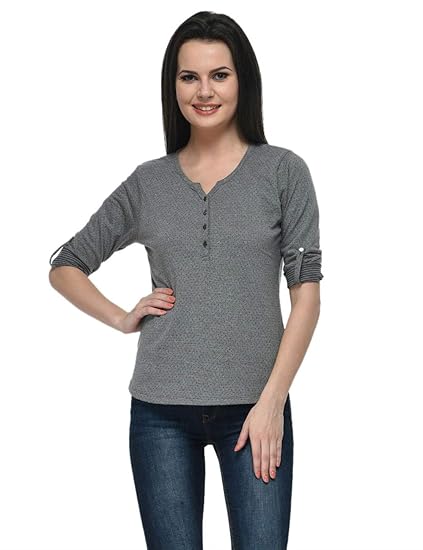 Women Cotton Poly Henley Polka dot Top(XS-4XL)