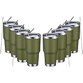 MEWAY 30oz Insulated Tumbler With Lids and Straws,Stainless Steel Double Vacuum Coffee Tumbler Cup, Brush, Durable Powder Coated Coffee Cup for Cold & Hot Drinks, Office, Travel(Army Green,8 PACK)