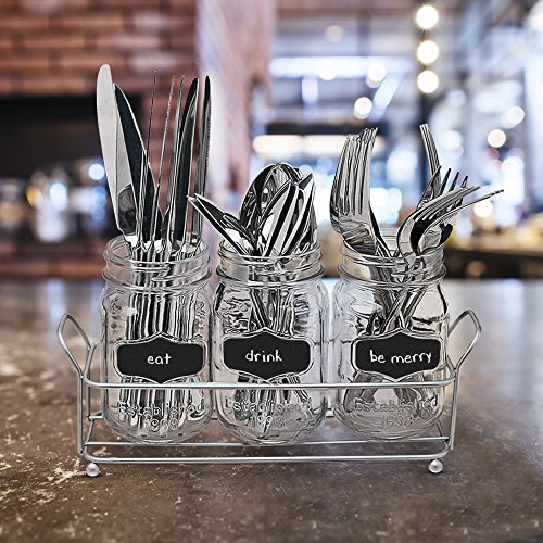 3-pc Mason Jar Flatware Caddies - 17 Oz. Vintage Clear Glass Utensil Organizer with Black Chalk Label on Metal Caddy with Handles - Lightweight Space-Saver Home and Party Drinkware Set - Thumbnail 6