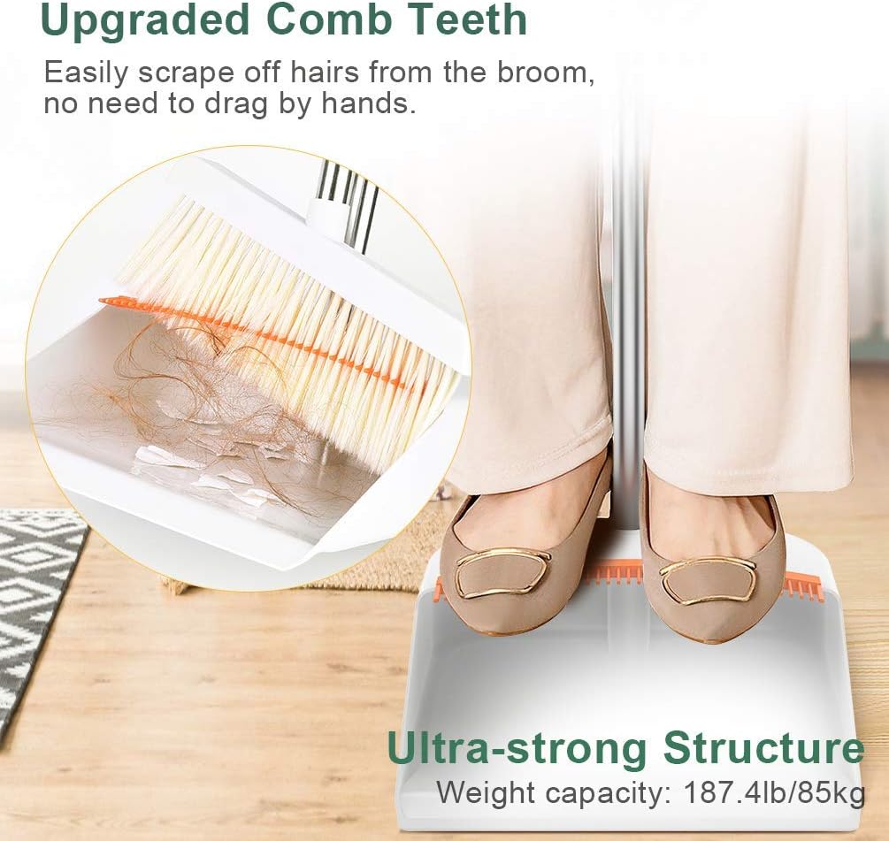 PRETTY SEE Broom and Dustpan, Broom and Dustpan Set with Floor Squeegee , Stainless Steel Long Handle and Lightweight Lobby Broom Combination, Vertical Dustpan, Very Suitable for Home: Garden & Outdoor