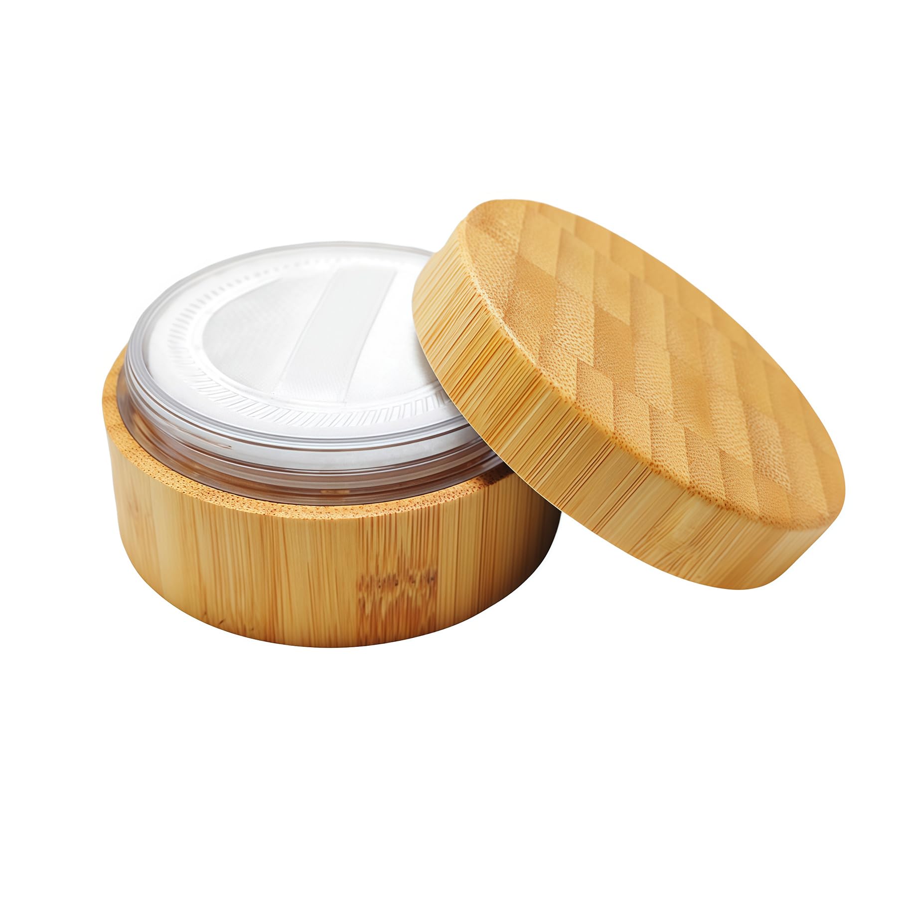 1PCS 30G(30ML)/1oz Empty Environmental Bamboo Appearance Loose Powder Cosmetic Jars Makeup Storage Case Box Holder Container with Plastic Sifter and Sponge Puff Baby Powder Puff Kit DIY Beauty Tool