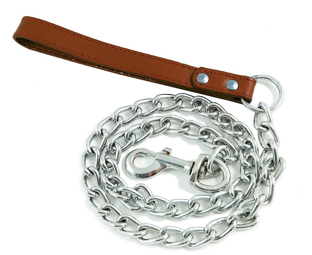 BPS® BPS-2763MA Metal Chain for Dogs with Handle Control for Walking the Dog, Dog Leash with Leather Cuff and Chain 4 Colours 3 Sizes to Choose From (3 mm x 100 cm, Brown)